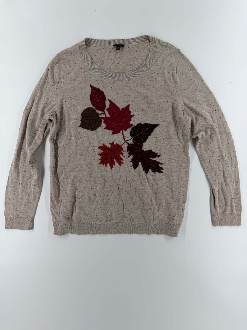 1587 Talbots Leaf Motif Sweater Size XLP Tan Speckled Fall